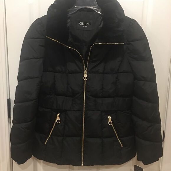 Guess medium black faux fur trim jacket puffer coat winter - Picture 2 of 4